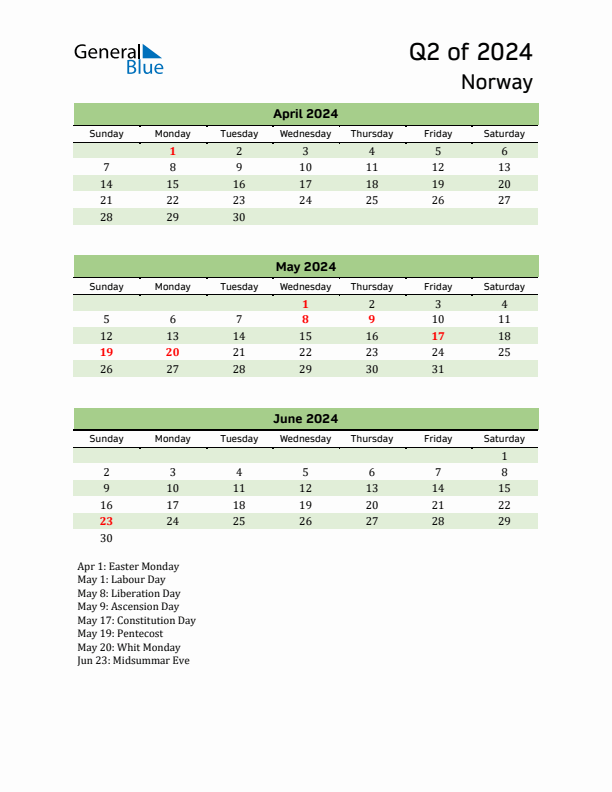 Quarterly Calendar 2024 with Norway Holidays