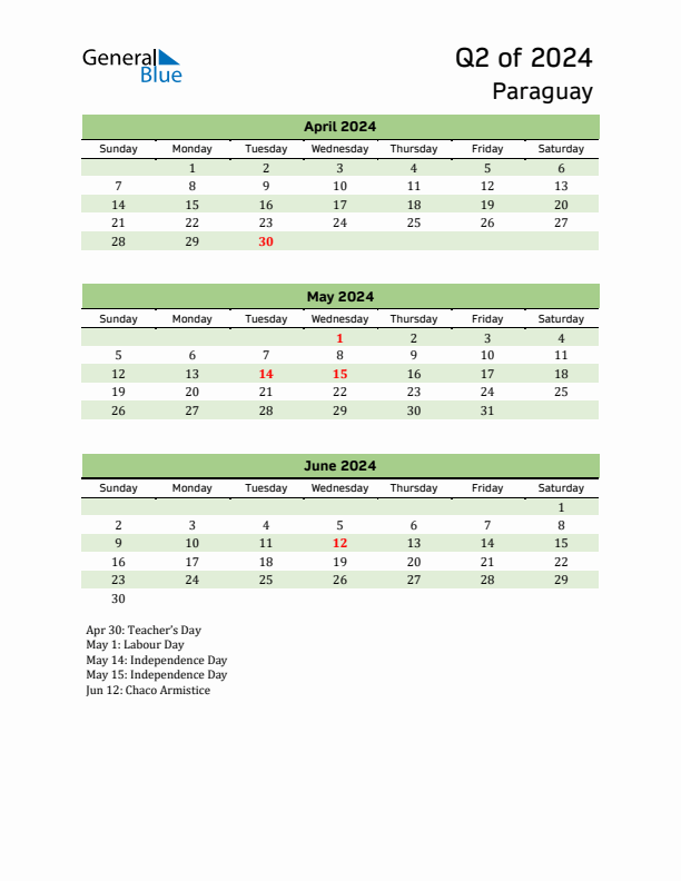 Quarterly Calendar 2024 with Paraguay Holidays