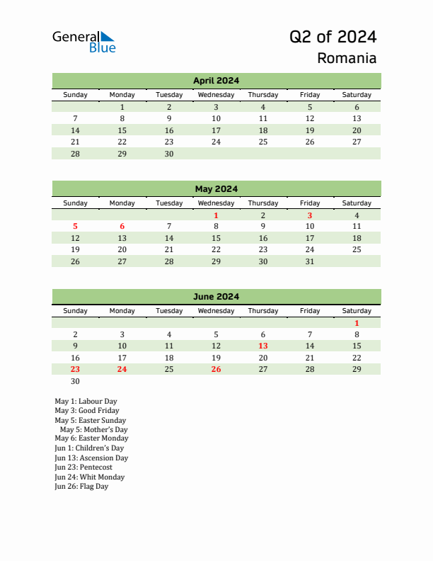 Quarterly Calendar 2024 with Romania Holidays