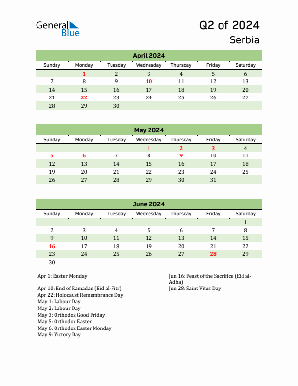 Quarterly Calendar 2024 with Serbia Holidays