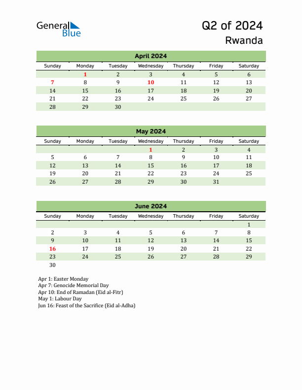 Quarterly Calendar 2024 with Rwanda Holidays