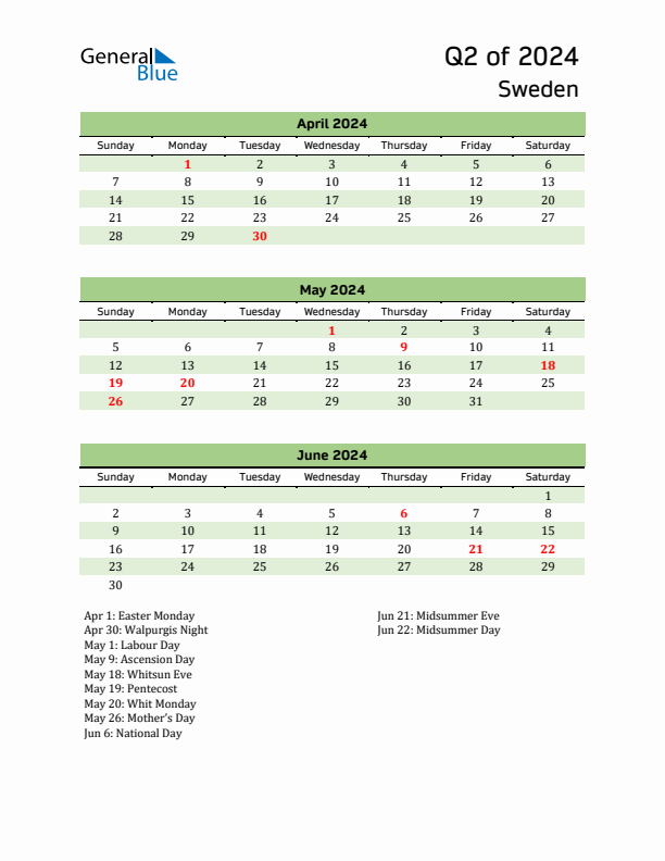 Quarterly Calendar 2024 with Sweden Holidays