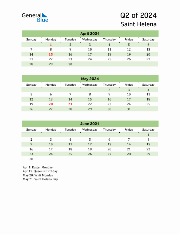 Quarterly Calendar 2024 with Saint Helena Holidays