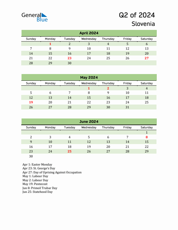 Quarterly Calendar 2024 with Slovenia Holidays