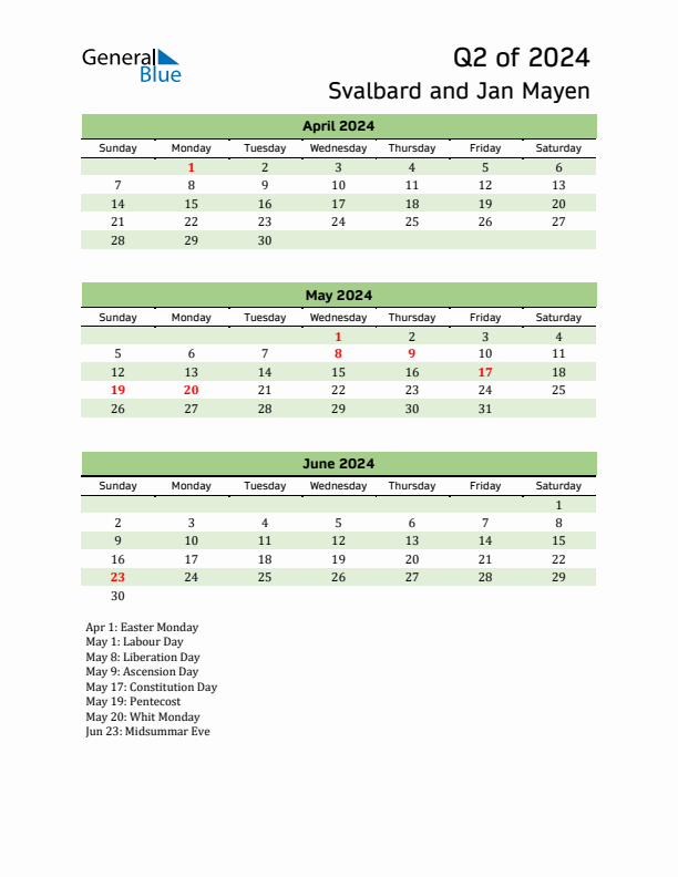 Quarterly Calendar 2024 with Svalbard and Jan Mayen Holidays