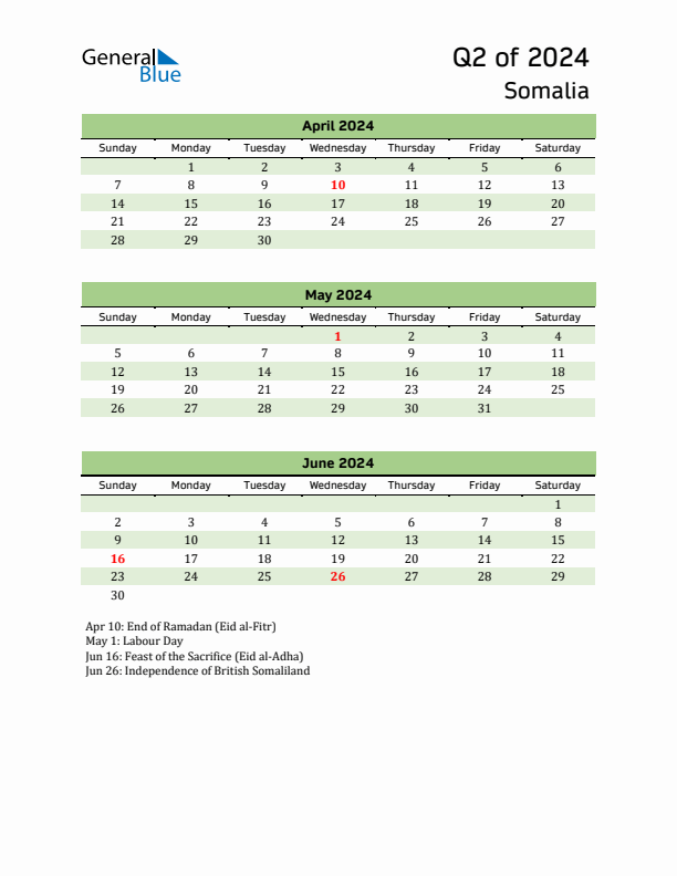 Quarterly Calendar 2024 with Somalia Holidays