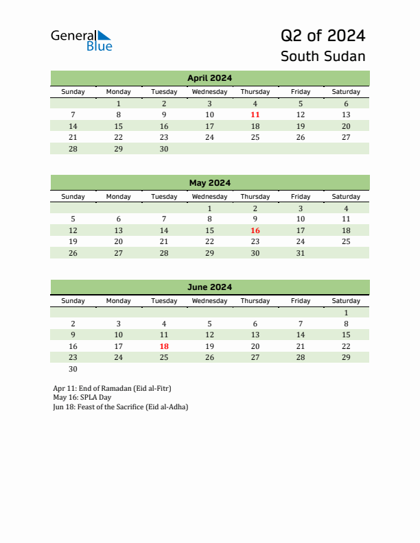 Quarterly Calendar 2024 with South Sudan Holidays