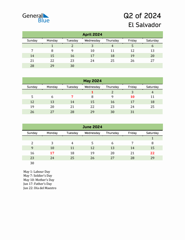 Quarterly Calendar 2024 with El Salvador Holidays