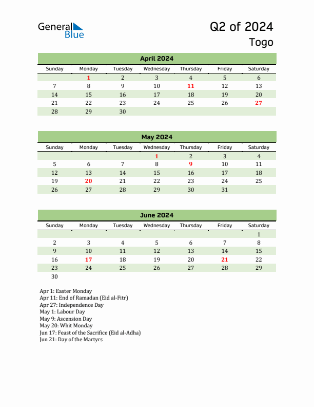 Quarterly Calendar 2024 with Togo Holidays