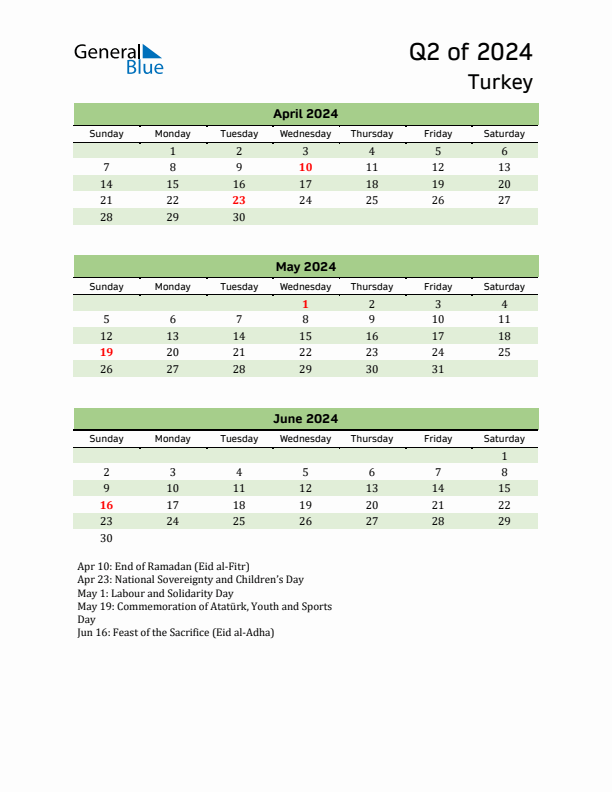 Quarterly Calendar 2024 with Turkey Holidays