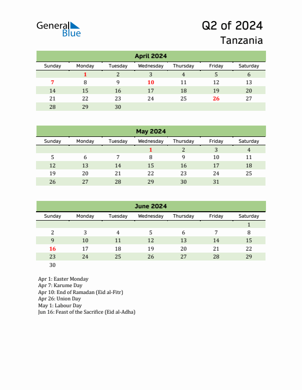 Quarterly Calendar 2024 with Tanzania Holidays