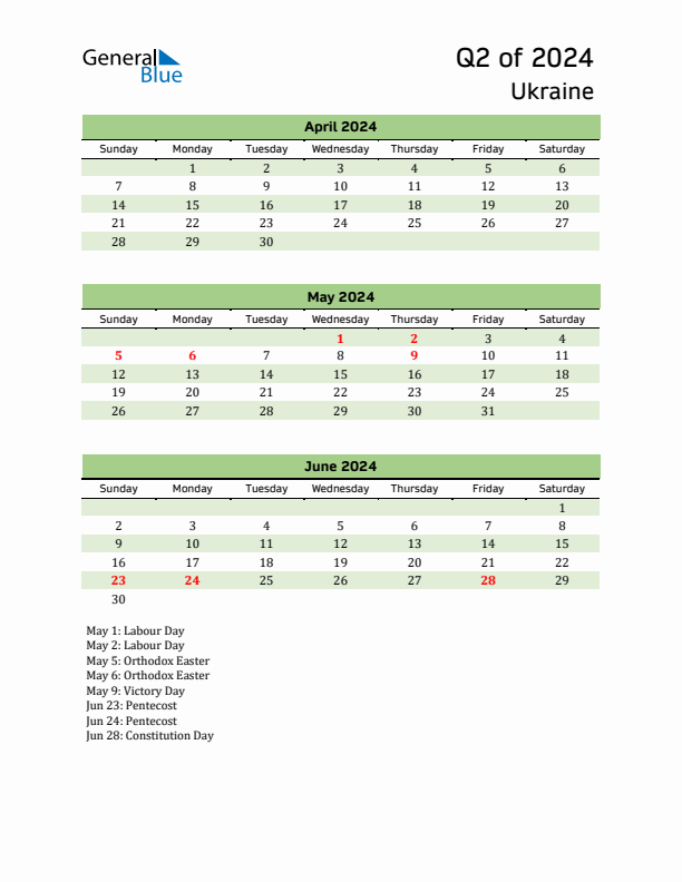 Quarterly Calendar 2024 with Ukraine Holidays