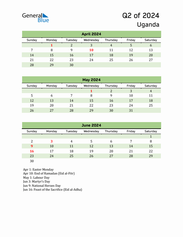 Quarterly Calendar 2024 with Uganda Holidays