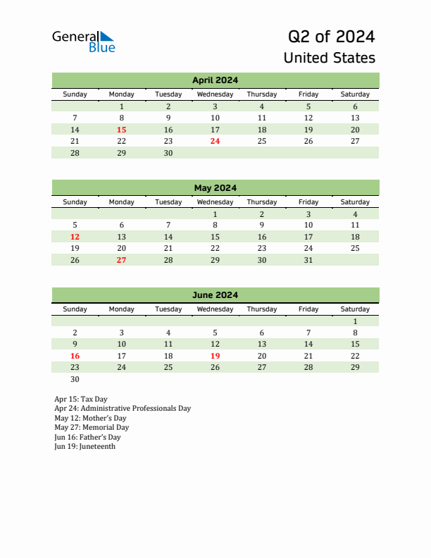 Quarterly Calendar 2024 with United States Holidays