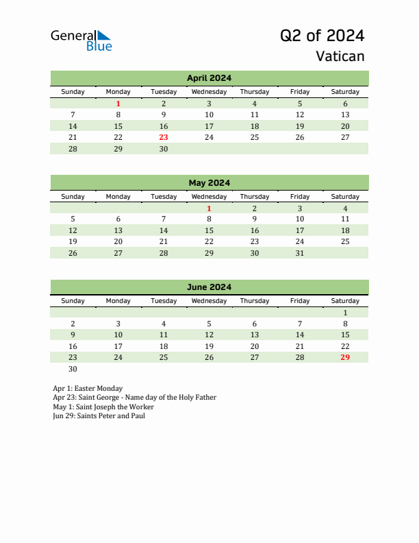 Quarterly Calendar 2024 with Vatican Holidays