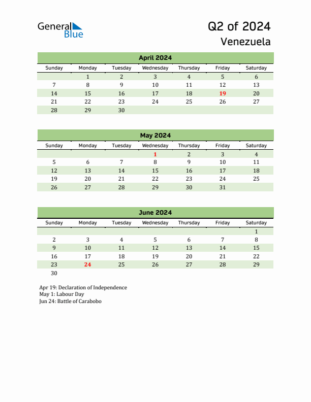 Quarterly Calendar 2024 with Venezuela Holidays