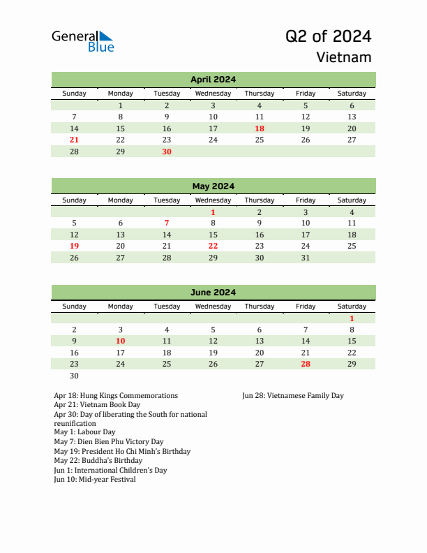 Quarterly Calendar 2024 with Vietnam Holidays