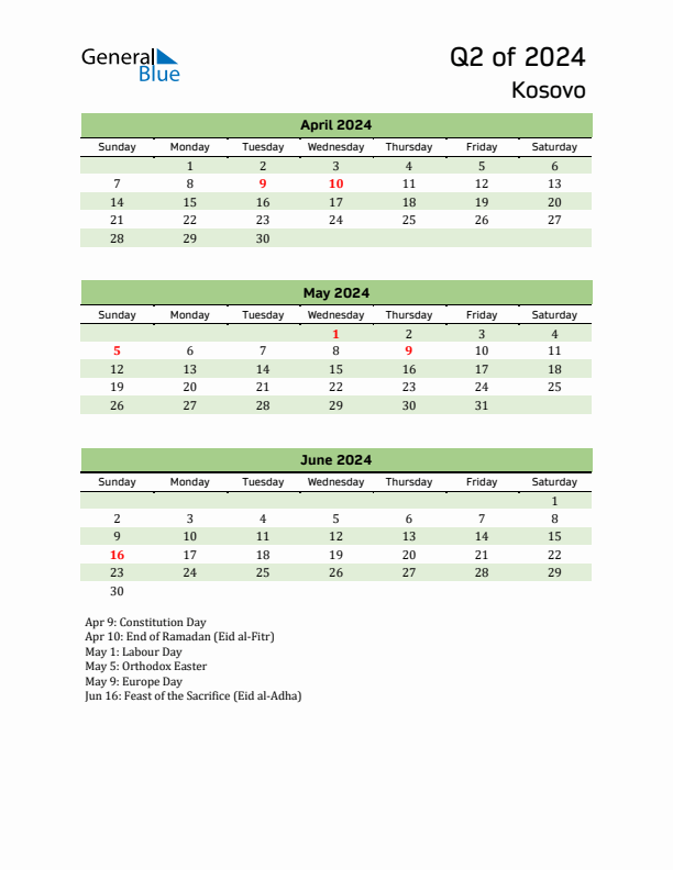 Quarterly Calendar 2024 with Kosovo Holidays