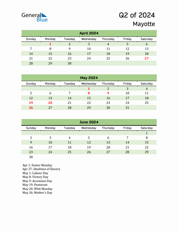 Quarterly Calendar 2024 with Mayotte Holidays