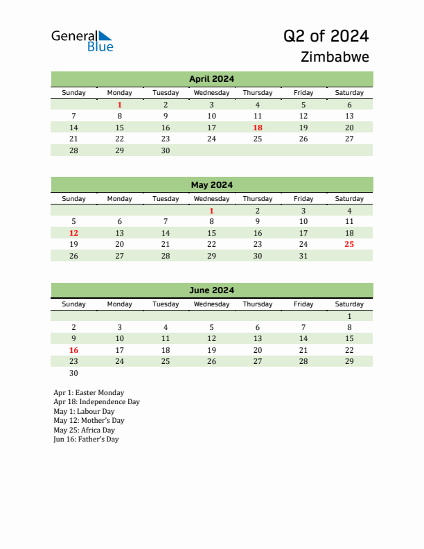 Quarterly Calendar 2024 with Zimbabwe Holidays