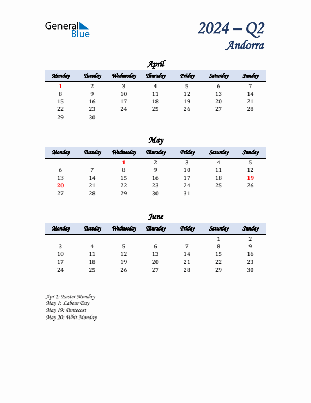 April, May, and June Calendar for Andorra with Monday Start