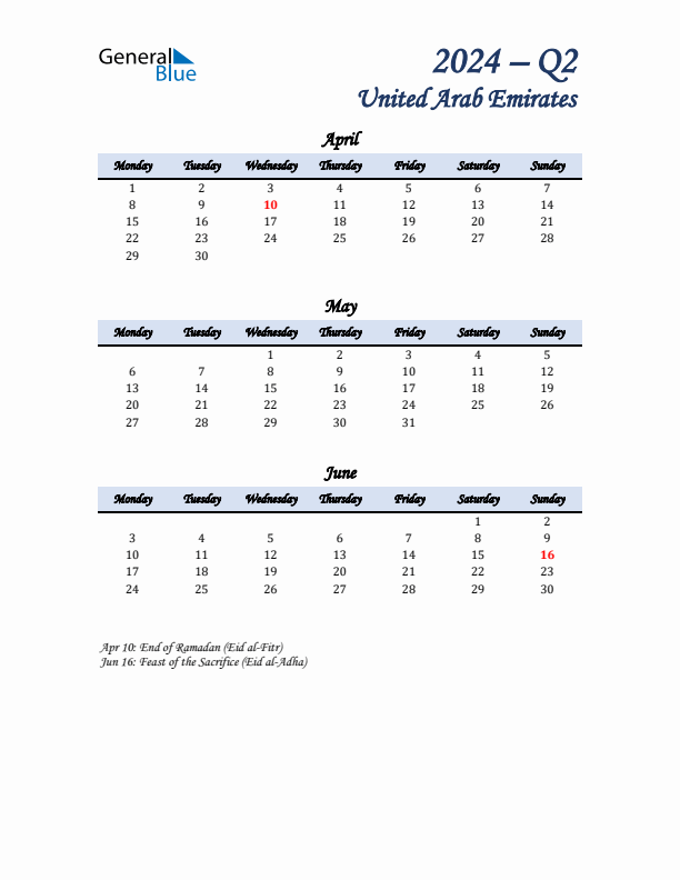 April, May, and June Calendar for United Arab Emirates with Monday Start