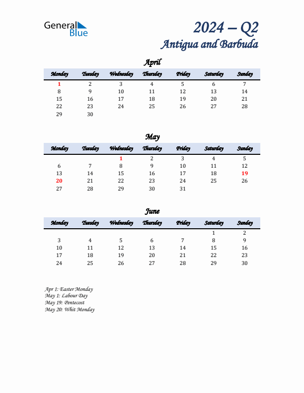 April, May, and June Calendar for Antigua and Barbuda with Monday Start