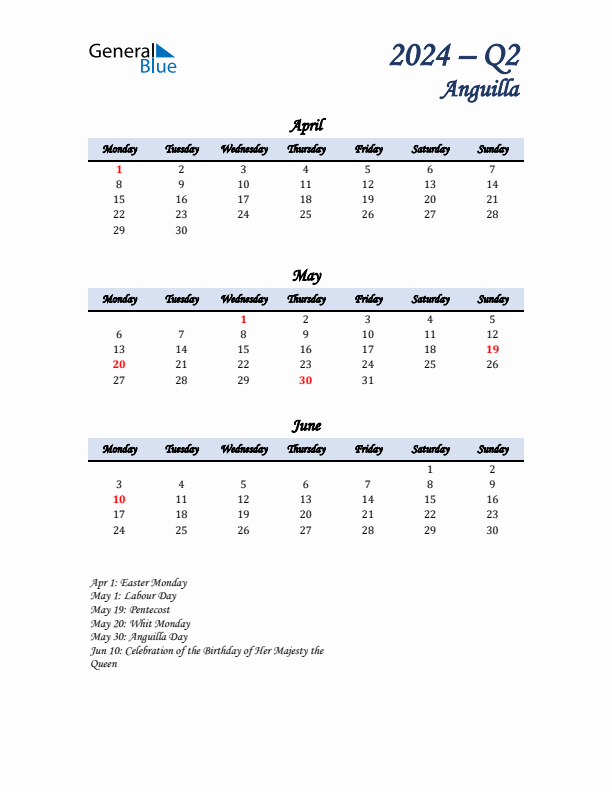 April, May, and June Calendar for Anguilla with Monday Start