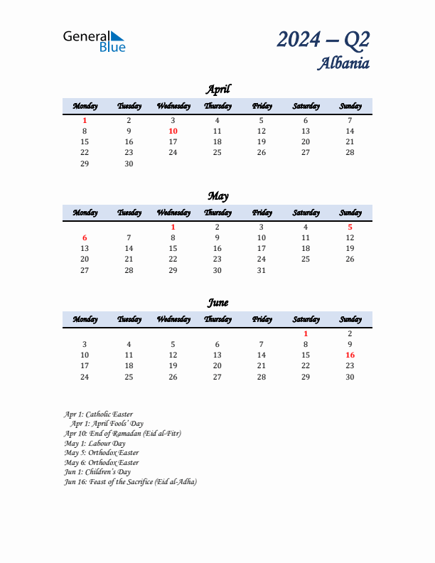 April, May, and June Calendar for Albania with Monday Start