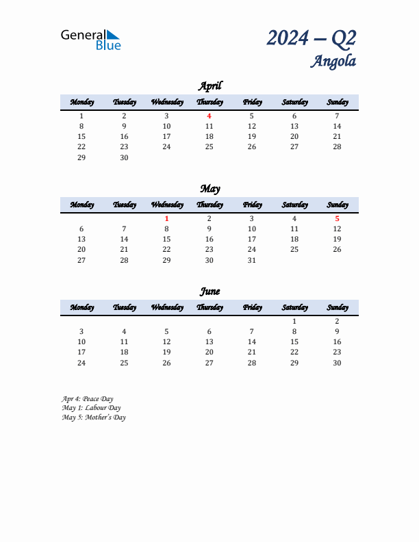 April, May, and June Calendar for Angola with Monday Start