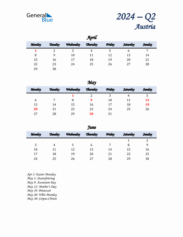 April, May, and June Calendar for Austria with Monday Start