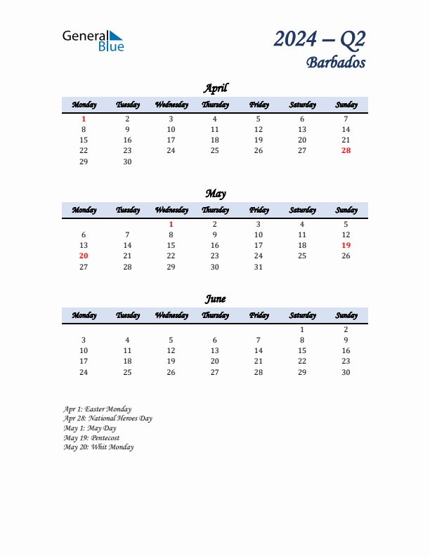 April, May, and June Calendar for Barbados with Monday Start