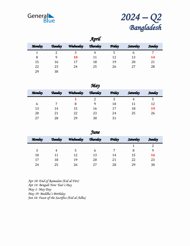 April, May, and June Calendar for Bangladesh with Monday Start