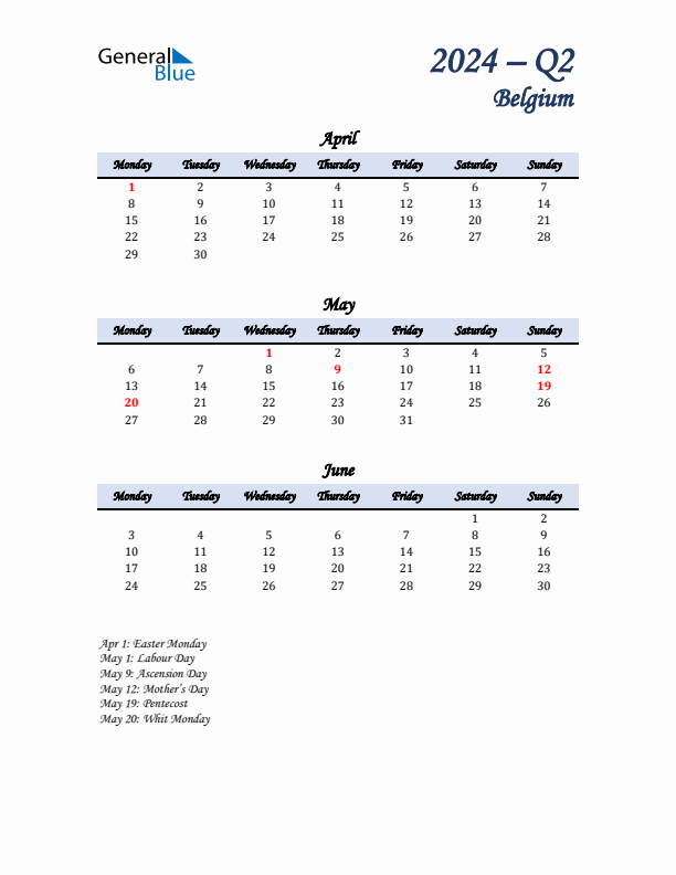 April, May, and June Calendar for Belgium with Monday Start