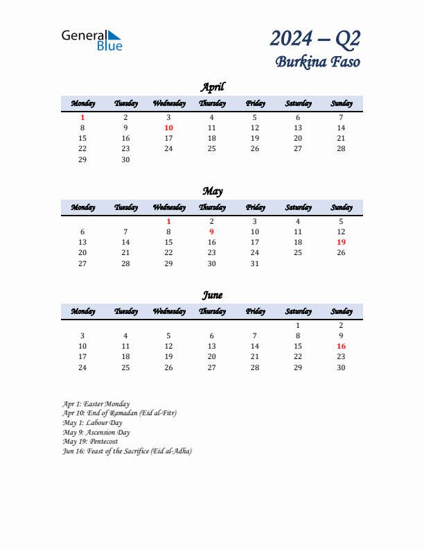 April, May, and June Calendar for Burkina Faso with Monday Start