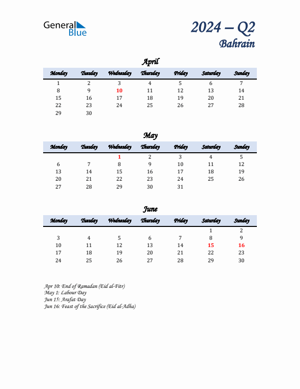 April, May, and June Calendar for Bahrain with Monday Start