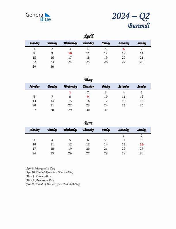 April, May, and June Calendar for Burundi with Monday Start