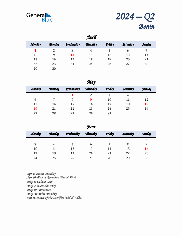 April, May, and June Calendar for Benin with Monday Start