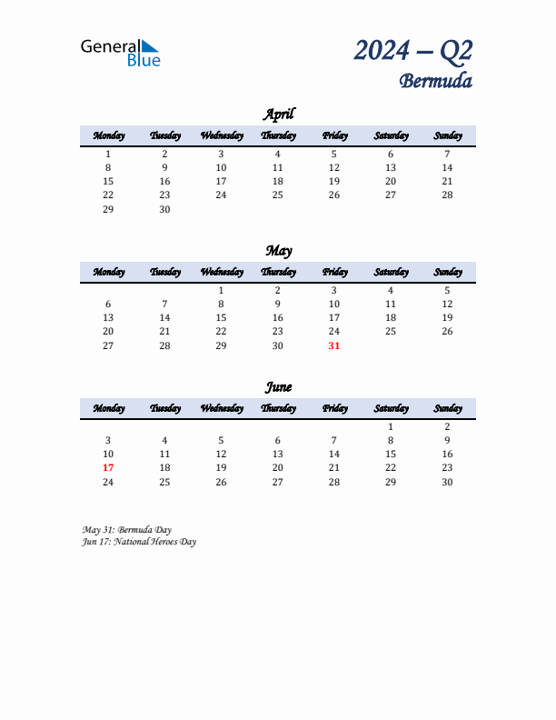 April, May, and June Calendar for Bermuda with Monday Start