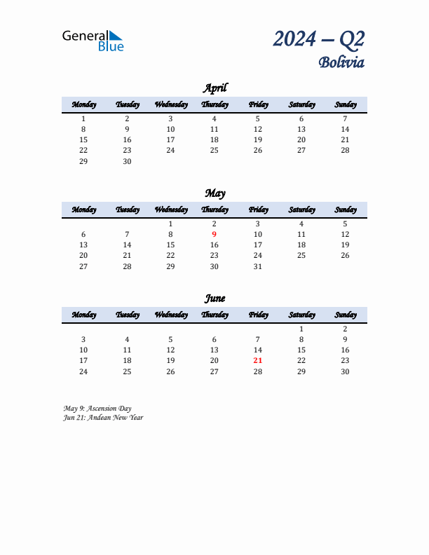 April, May, and June Calendar for Bolivia with Monday Start