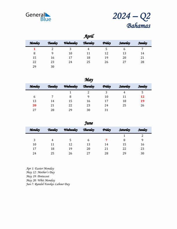 April, May, and June Calendar for Bahamas with Monday Start