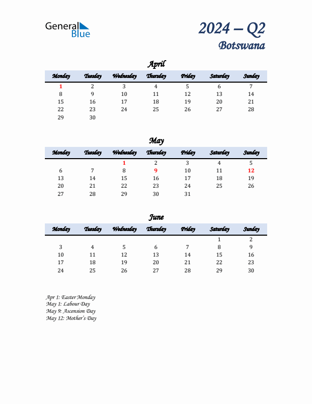 April, May, and June Calendar for Botswana with Monday Start