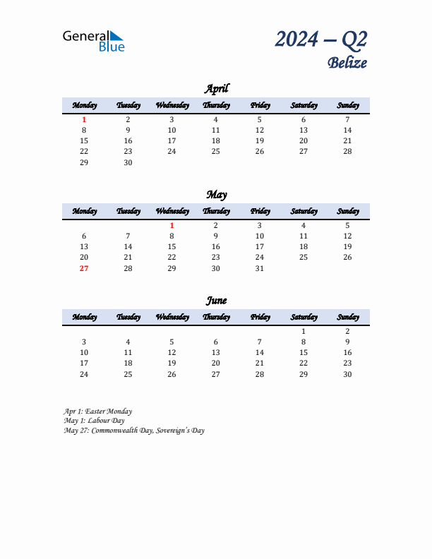 April, May, and June Calendar for Belize with Monday Start