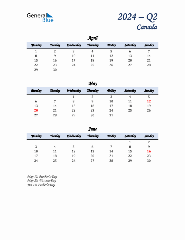 April, May, and June Calendar for Canada with Monday Start