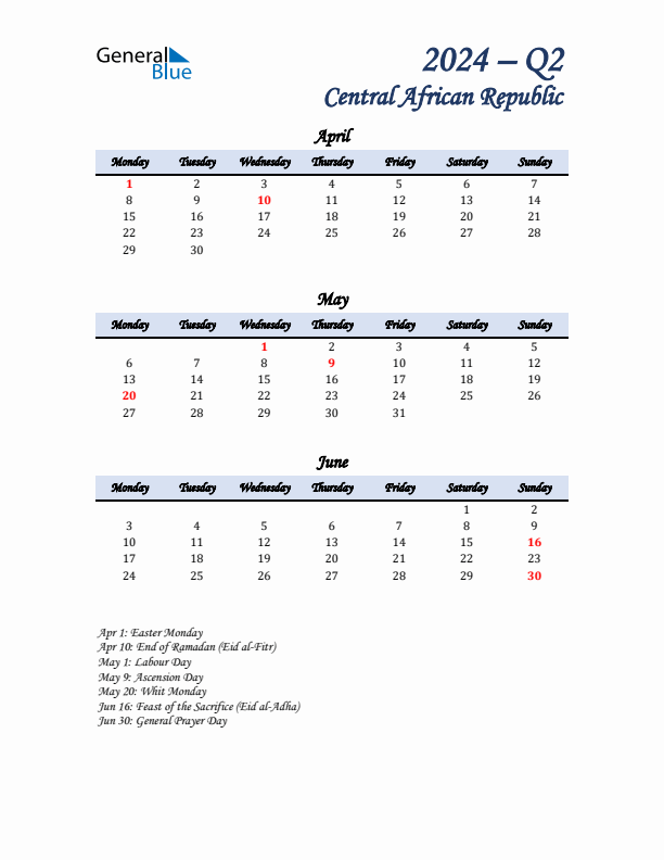 April, May, and June Calendar for Central African Republic with Monday Start