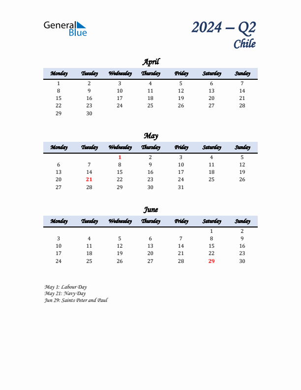 April, May, and June Calendar for Chile with Monday Start