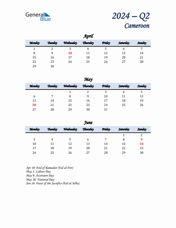 April, May, and June Calendar for Cameroon with Monday Start