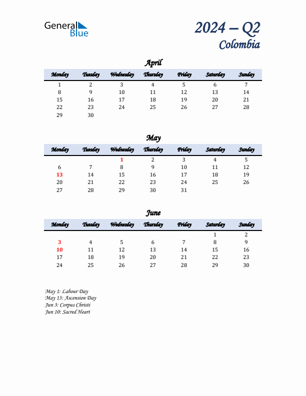 April, May, and June Calendar for Colombia with Monday Start