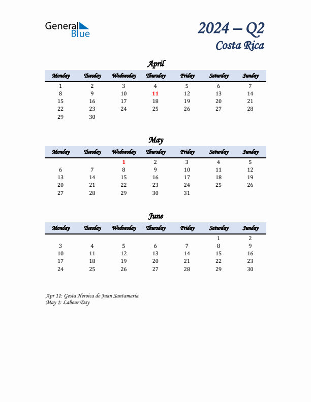 April, May, and June Calendar for Costa Rica with Monday Start