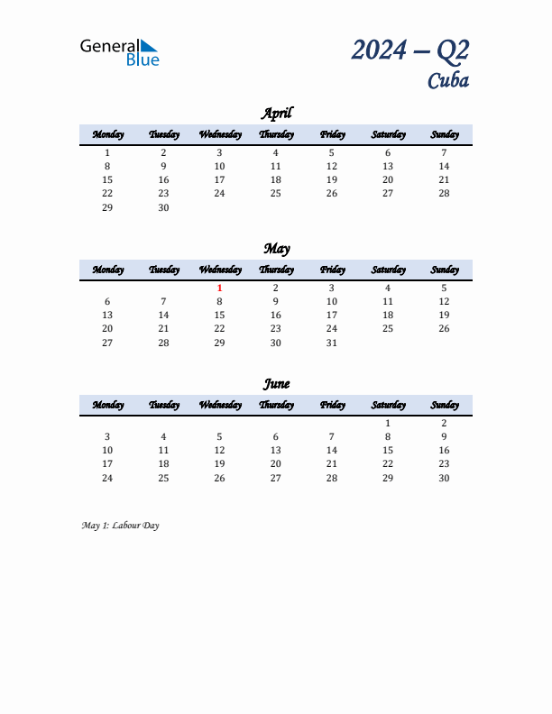 April, May, and June Calendar for Cuba with Monday Start